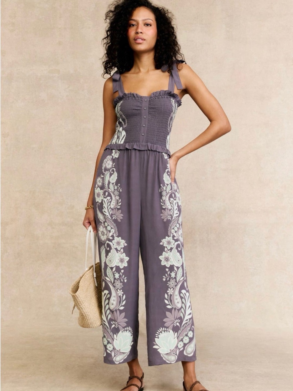 Smocked Lavender-Mauve Floral Tie-Shoulder Wide-Leg Jumpsuit